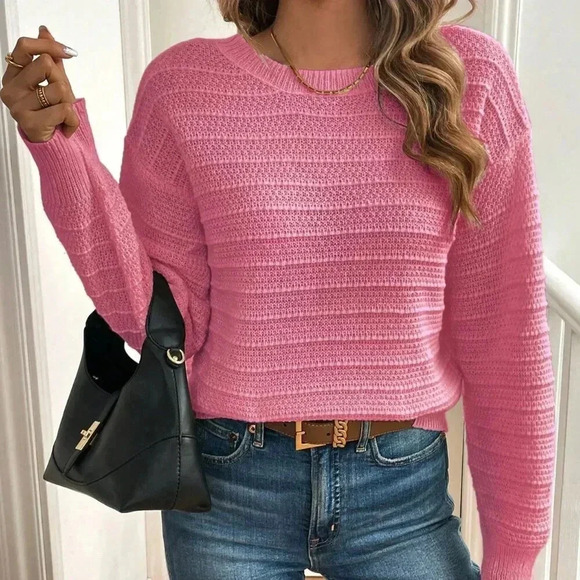 Hot Pink Casual Women's Minimalist Bow Decor Crew Neck Sweater - Picture 6 of 6